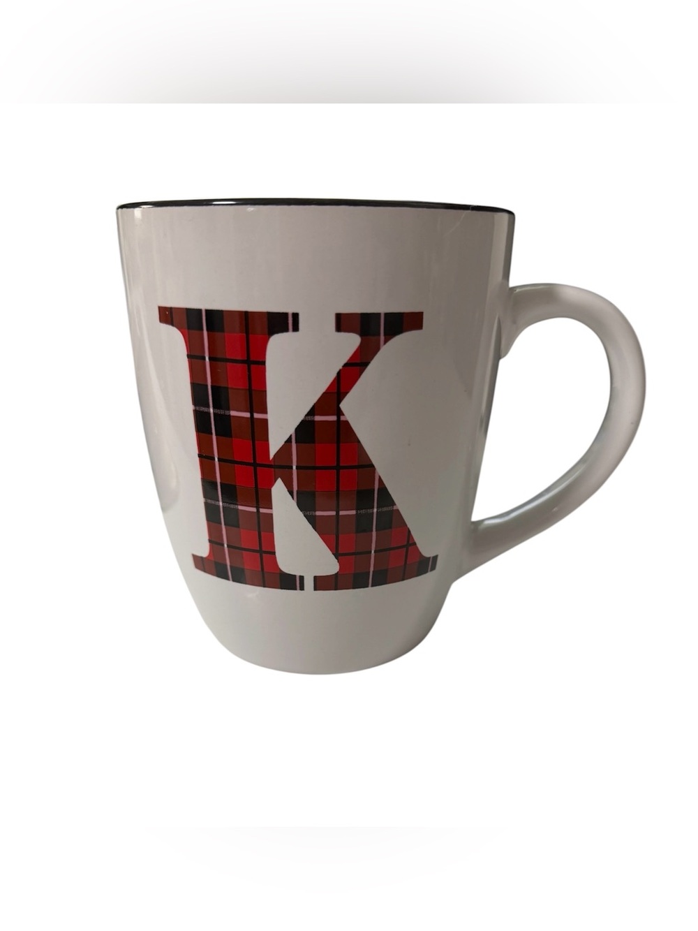 Holiday 'K' Plaid Red White Ceramic Mug Large